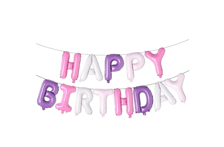 Blöðrulengja - Happy birthday lengja - Fjólublá/bleik/hvít