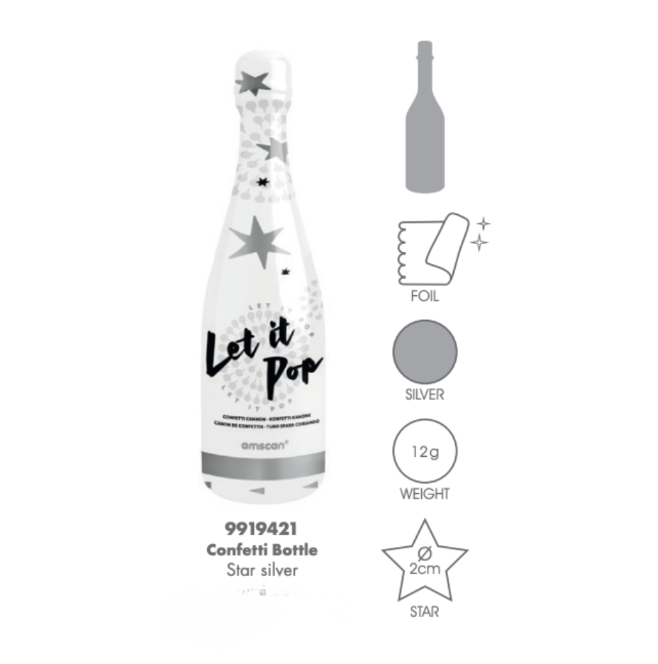 Confetti sprengja - Kampavínsflaska - Silfur stjörnur - 32 cm