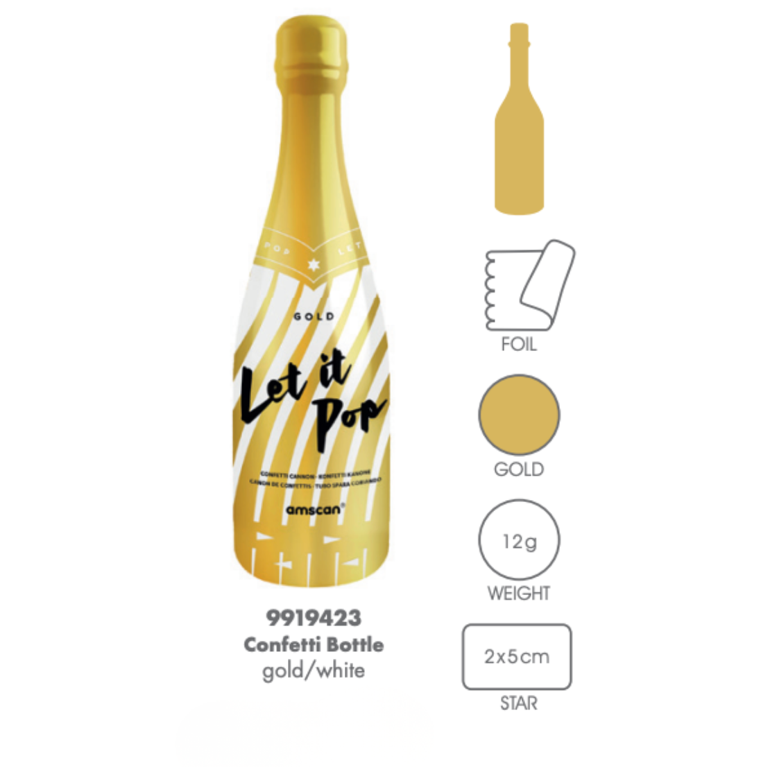 Confetti sprengja - Kampavínsflaska - Gylltar stjörnur - 32 cm