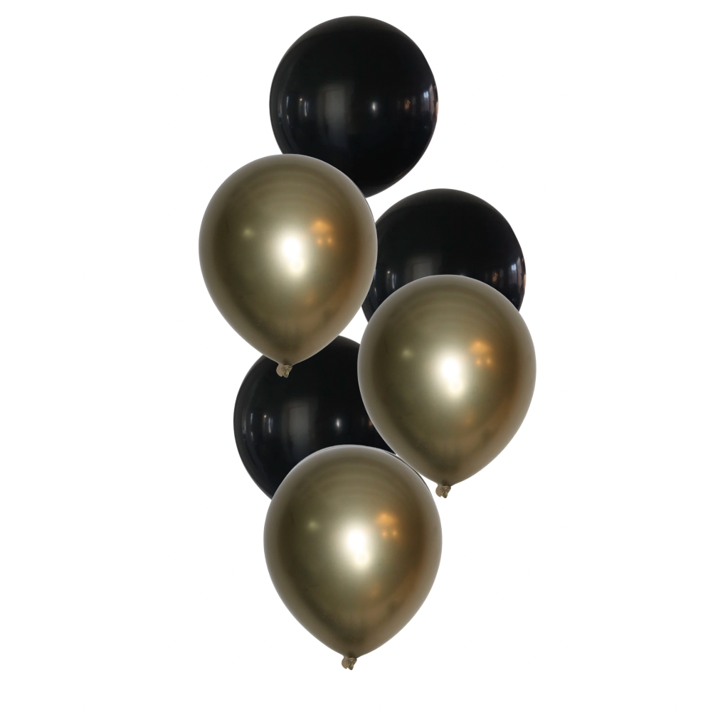 Helíum blöðrubúnt - Svart og gyllt - 6 blöðrur
