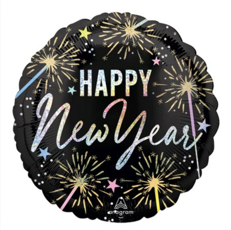 Álblaðra - Happy New Year - Svört með flugeldum - 45 cm