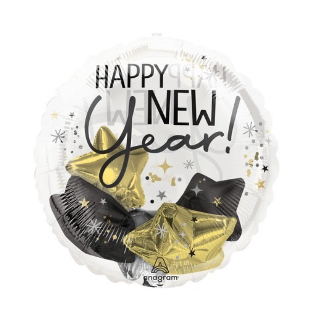 Glær blaðra með stjörnum inn í - Happy new year - 50 cm