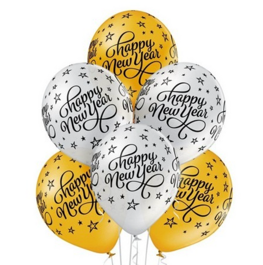 Latex blöðrur - Happy New Year - Gylltar og silfur - 6 stk