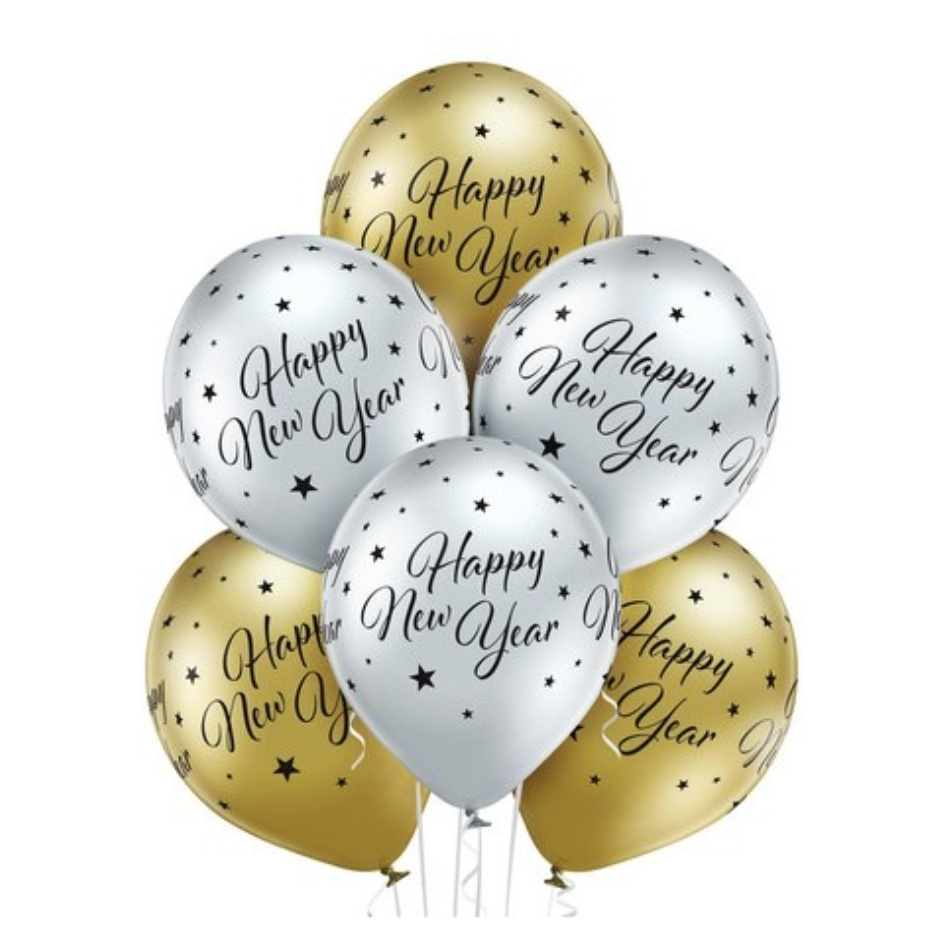Latex blöðrur - Happy New Year - Gylltar og silfur - 6 stk