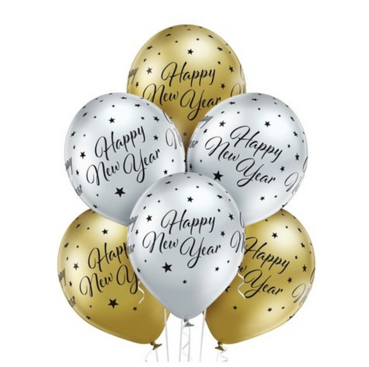 Latex blöðrur - Happy New Year - Gylltar og silfur - 6 stk