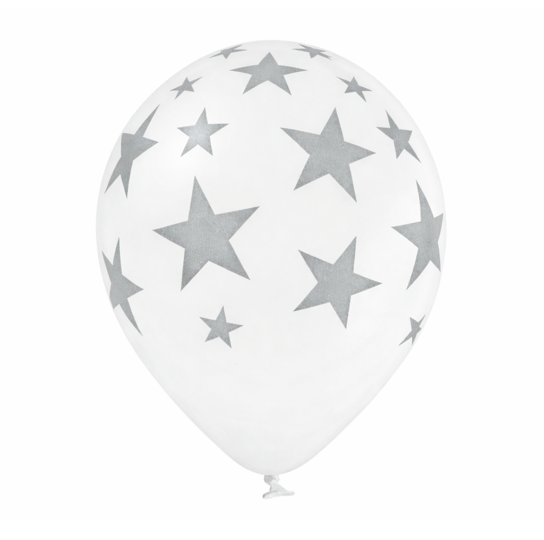 Latex blaðra - Hvít með silfur stjörnum - 30 cm