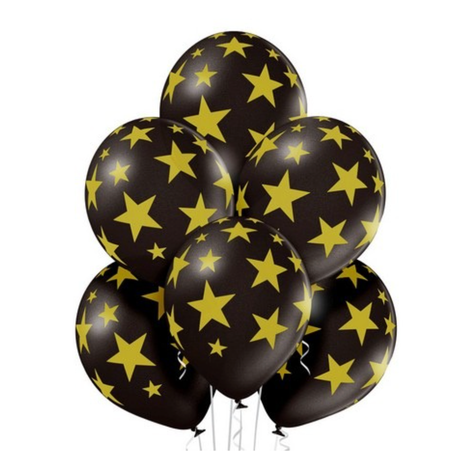 Latex blaðra - Svört með gylltum stjörnum - 30 cm