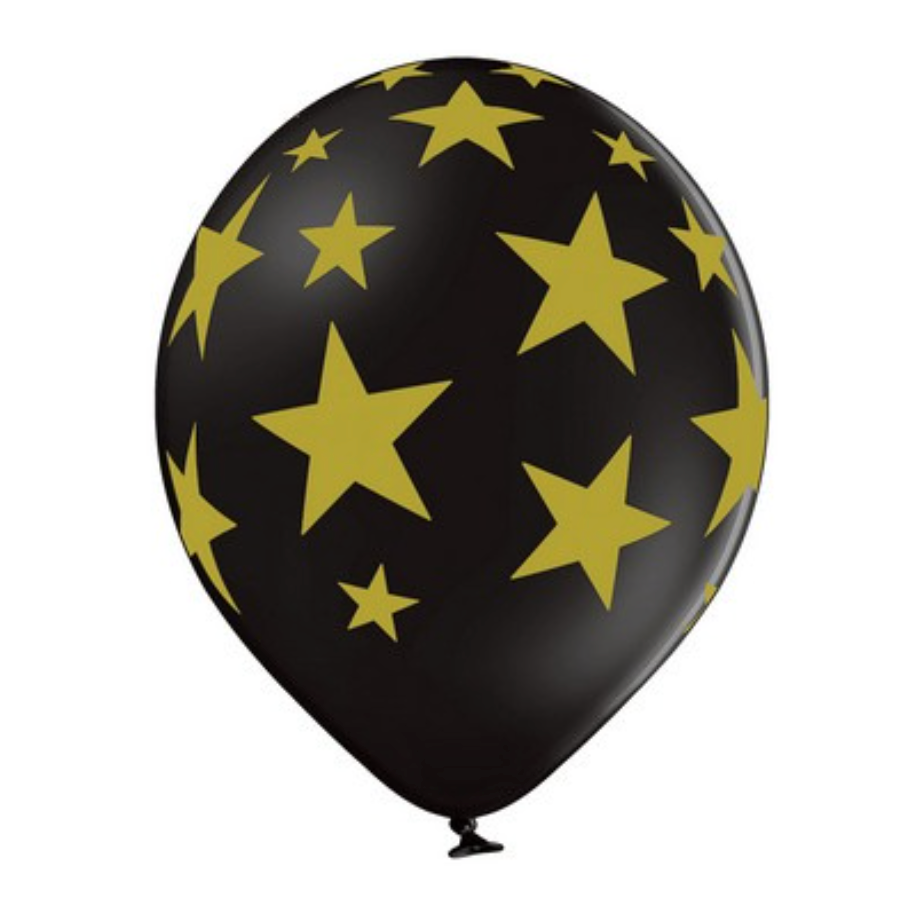Latex blaðra - Svört með gylltum stjörnum - 30 cm