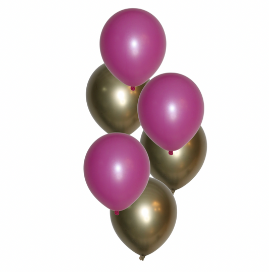Helíum blöðrubúnt - Dökk bleikt og gyllt - 6 blöðrur